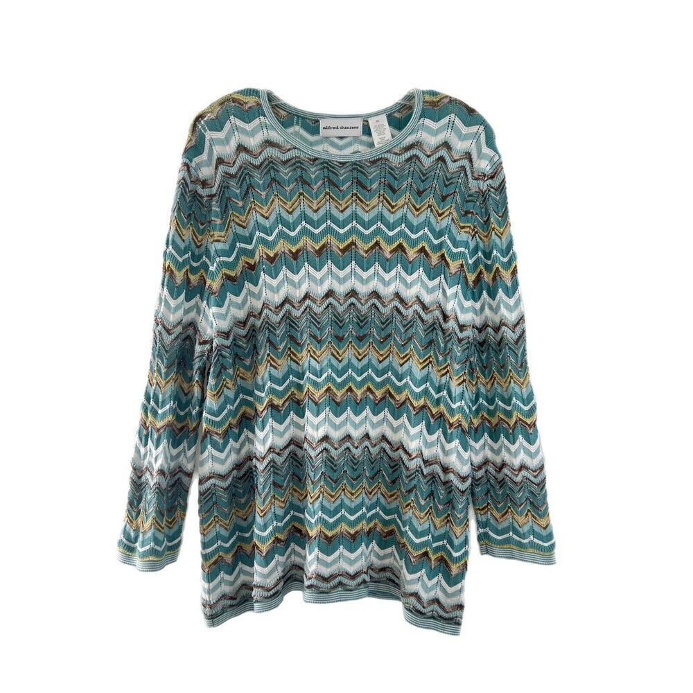Alfred Dunner Women's Chevron Patchwork Long Sleeve Knit Top XL Blue Zigzag